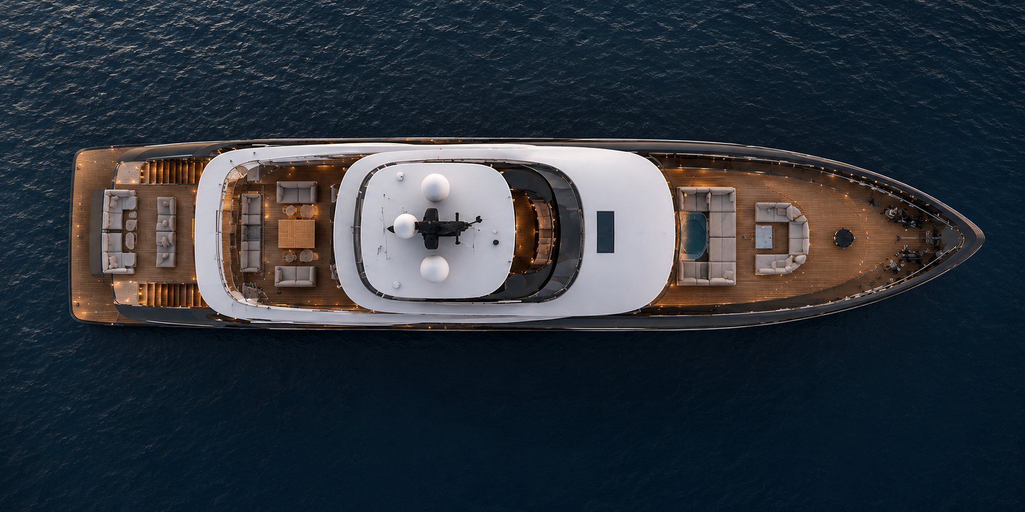 Legacy Grand — Decks von oben in der Dämmerung (Rendering)